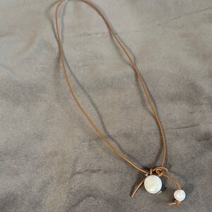 Brown Leather Cord Necklace with White Pearl Charms